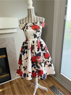 Floral Dress with White, Red and Black Accents